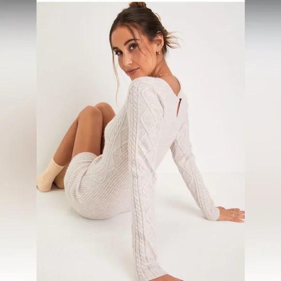 Lulus Cuddly Sentiments Blush Multi Marled Cable Knit Romper - Picture 4 of 8